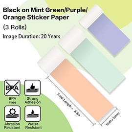 Phomemo Paper for M02 M02S M02PRO T02 M02X M02L Mini Printer, Compatible with M03 M03AS M04S M04AS Portable Thermal Printer, Mint Green/Purple/Orange Sticker Paper, 50mm x 3.5m, 3 Rolls
