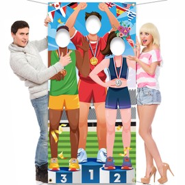 DPKOW Medal Podium Athletes Banner for Sports Party Games Accessories, Athletes Face Photo Props Banner for Sports Themed Party Decoration Sports Photo Booth Accessories, 185 * 90cm