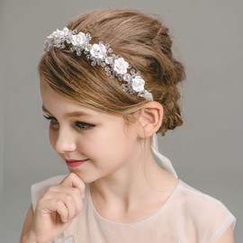IYOU Wedding Communion Hair Piece White Flower Headband Crystal Bridal Hair Vine for Princess Flower Girls Bridesmaid