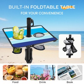 HOMEDEMO 7ft Heavy Duty High Wind Beach Umbrella With Foldable Table & Hook, UV 50+ Protection Waterproof Outdoor Sunshade Umbrellas With Handle Carry Bag For Patio Garden Pool Backyard