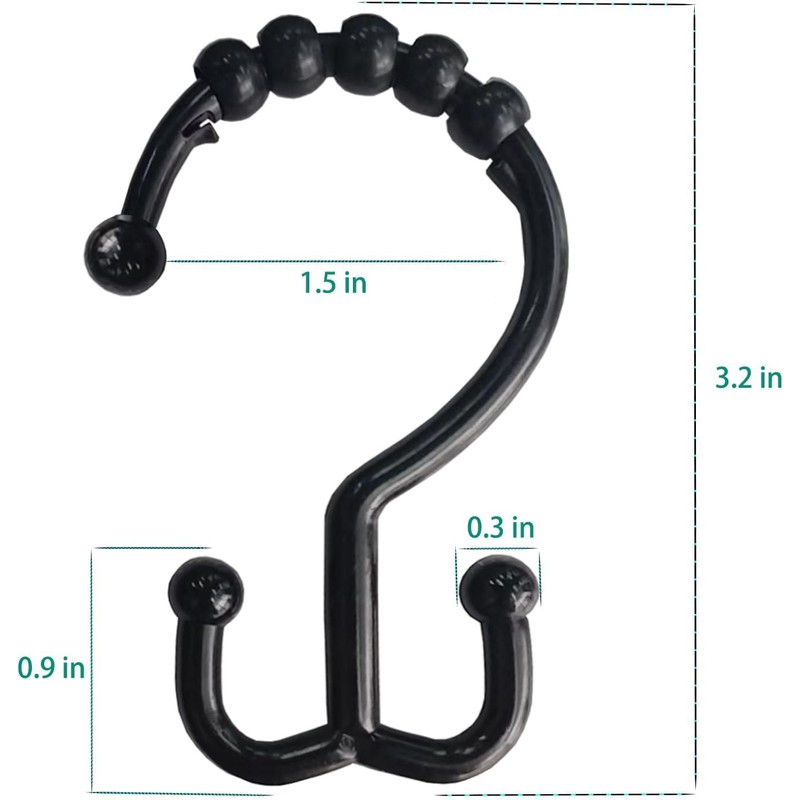 Resze 12 PCS Black Plastic Double Shower Curtain Hooks, Multi-Functional