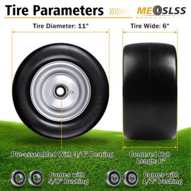 11x6.00-5 Lawn Mower Tires Flat Free 2 Pack, Zero Turn Lawn Mower Solid Smooth Rubber Front Tires, with 3/4" or 5/8" & 1/2" Precision Bearings and 6"-6.4"-7.2"-8" Centered Hub, Silver