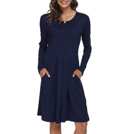 DouBCQ Women's Casual Long Sleeve Flowy Pleated Fall Dresses with Pockets (0-Navy Blue, L)