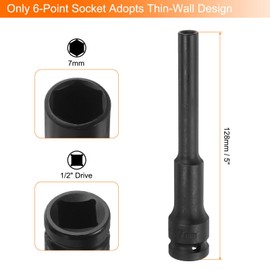 QUARKZMAN Pack of 2 Deep Thin Wall Impact Wrench Socket 7 mm Metric 6 Point Socket 1/2 Inch Square Drive 5 Inch Long CR-V Steel Industrial Quality Spindle Axle Nut Socket, Black