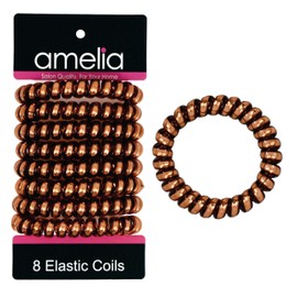 Amelia Beauty Products 8 Large Smooth Sparkly Elastic Hair Coils, 2.5in Diameter, Large & Transparent with Shiny Silver Core. Gentle on Hair, Stong Hold and Minimizes Dents and Creases, Brown