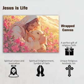 vandlife Jesus and Lost Lamb Canvas Wall Art Jesus Found the Lost Sheep in A Sea of Pink Flowers Artwork Prints Framed Christian Painting for Home Living Room Fireplace Decor 36x24in