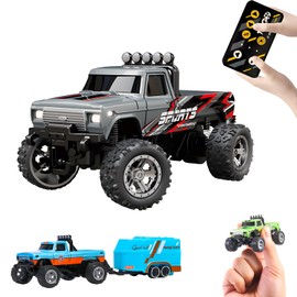 Flashstar Mini Rc Truck, 1:64 Scale Monster Truck Remote Control Car with Lights, 2.4Ghz Remote Control, Mini Alloy Monster Truck Rc, Speed/Steering Adjustable (Grey)