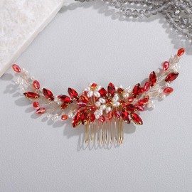 BERYUAN Elegant Pearls Rhinestone Hair Comb Rhinestone Crystal Pearls Bridal Hair Comb Rhinestone Pearls Wedding Headpiece Wedding Hair Accessories for Brides (red)
