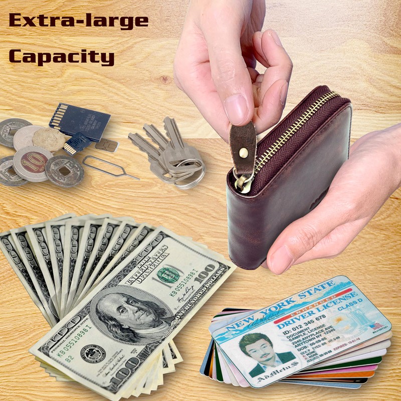Wallet for Men Bifold Genuine Leather Zipper Wallet RFID Blocking