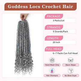 MSMUSAS Goddess Locs Crochet Hair 20 Inch 3 Packs/Lot Faux Pre Looped Locs Crochet Hair with Curly Ends Soft Distressed Locs Crochet Hair Extensions for Women (Grey)