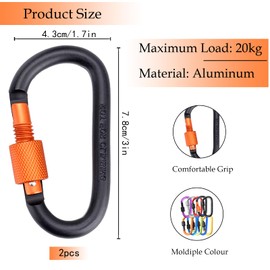 Pack of 2 Carabiner with Screw Cap, Black Orange Key Fob Carabiner Aluminium Screw Carabiner Hook D-Clip for Dog Lead, Harness, Camping, Aluminium Alloy D-Type