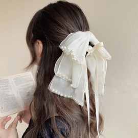 Rannyrena Large Hair Bow for Women Long Satin Silk Knot Hair Claw Clips Lace Black Tulle Hair Barrettes with Pearls Long Tail Bowknot Hair Decorations Accessories (Ivory pearl bow)