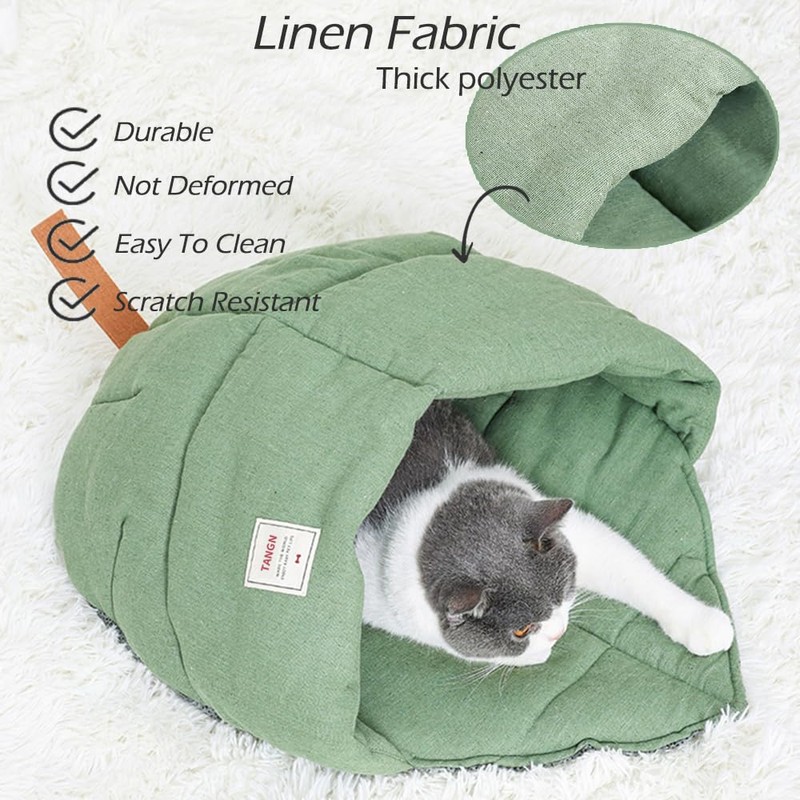 Cat Sleeping Bag,Linen Fabric Cat Bed Cave Leaf Nest Pet