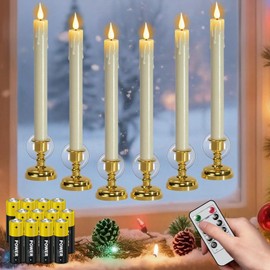Eldnacele Flameless Window Taper Candles with Remote and Timer, Battery Operated (Included) Flickering Candles Removable Candlesticks and Suction Cups Included Christmas Holiday Decor(6Pcs,Ivory)