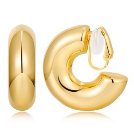 WOWORAMA Chunky Goldene Clip Hoop Ohrringe für Damen C Dicke Creolen Statement Clip Ohrringe ohne Piercing, 30mm Goldene Chunky Creolen Ohrringe