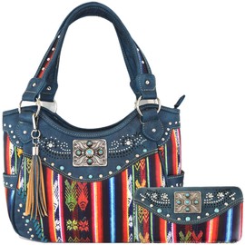 Native Conchos Studded Purse Western Style Rhinestone Country Leather Tassel Handbag Women Shoulder Bag Wallet Set (#2 Teal Set)