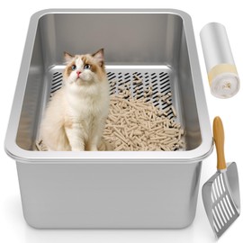 XXL Stainless Steel Sifting Litter Box for Big Cats,Metal Sifting Cat Litter Box for Wood Pine Pellets,Extra Large Sifter Litter Pan System,Odor Control,Easy to Clean,with Liners and Metal Scoop