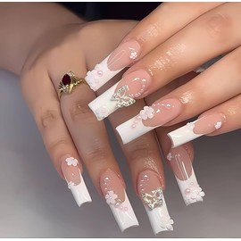 BABALAL Coffin Press on Nails Long Fake Nails White French Tip Glue on Nails 3D Flower Butterfly Rhinestone Design Glossy Acrylic Nails 24Pcs Ballerina Stick on Nails for Women and Girls