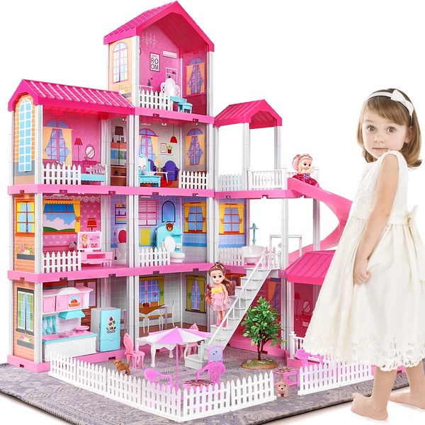 TEMI Dream Doll House Girl Toys - 4-Story 11 Doll House Rooms with Doll Toy Figures, Furniture and Accessories, Toddler Playhouse Christmas for 3 4 5 6 7 Year Old Girls