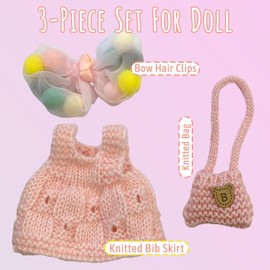 Clothes for Dolls, Handcrafted Crochet 3-Piece Set for 17cm Doll, Cute Stylish Knitted Outfit with Headband, Dress, Bag Accessories for Doll