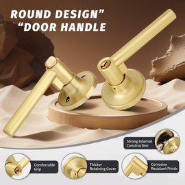 Gaurqiah Brushed Gold Keyed Entry Door Handle, Round Design Door Lever with Keys, Reversible Door Lever for Entrance Front Bedroom, Satin Brass