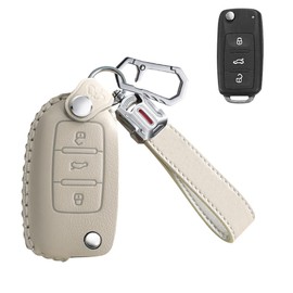 SANRILY Funda de cuero vacuno de protección completa para llave de VW Tiguan Jetta MK1-MK6 Passat Golf GTI Beetle llavero sin llave 3 botones con llavero beige
