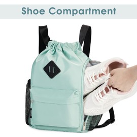 WANDF Drawstring Backpack Sports Gym Bag with Shoes Compartment, Water-Resistant String Backpack Cinch for Women Men (Mint Green,Medium)
