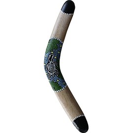 RaanPahMuang Thai Made Australian Aboriginal Art Decorative Boomerang, Turtle - Blue Green