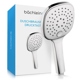 Bächlein Universal Shower Head with 3 Jet Types, Easy to Change with Practical Push Button Square Shower Head Chrome Hand Shower with Standard G 1/2 Inch Connection Dimensions