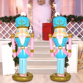 Leyndo 2pcs 5 ft Inflatable PVC Nutcracker Figures Christmas Decor for Xmas Indoor Outdoor Lawn Weatherproof Decor(Pastel Pink)