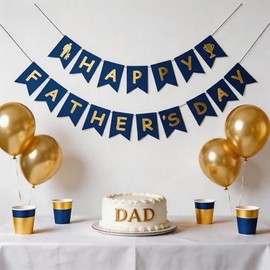 Navy Blue Happy Fathers Day Decorations Banner, Print Gold Letter Hanging Decoration for Father’s Day Party Decor, Photo Booth Backdrop