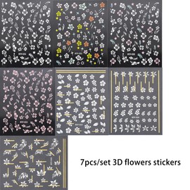 3D Hibiscus Flower Nail Decals - Summer Nail Art Decoration, Pink & White Flowers, Tropical Leaves, Acrylic Nails