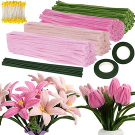 VOKABY 400 PCS Pfeifenputzer Zum Basteln,4 Farben Pfeifenreiniger,400 PCS Staubblätter,20 PCS Blumendraht,für Dekoration und Geschenk (Rosa)