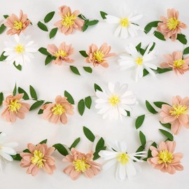 Easy Joy 2Pcs Paper Flower Garland 8.2ft Spring Hanging White Pink Paper Flower Green Leaves Party Banner Crepe Artificial Flower Floral Garland for Spring Birthday Wedding Home Wall Decor