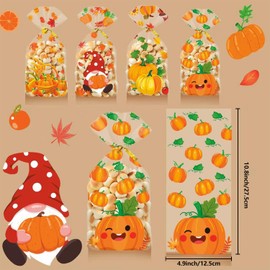 50Pcs Fall Thanksgiving Treat Bags, Happy Thanksgiving Candy Bags, Plastic Thanksgiving Goodie Bag, Fall Treat Goodie Cellophane Gift Bags with Twist Ties for Fall Party Decorations Supplies Favors