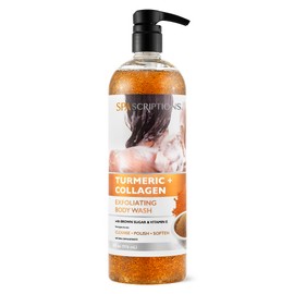SpaScriptions Turmeric + Collagen Exfoliating Body Wash, 33 oz, Brightening Body Scrub and Body Exfoliator, Sugar Scrub with Brown Sugar and Vitamin E, Exfoliates and Nourishes Skin, Cruelty Free