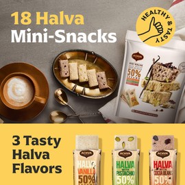 Halva Tahini Bar Mini Snacks – Assortment of 18 Snack-Sized Halvah Pistachio, Vanilla, and Cocoa Bean Israeli Snacks – Vegan, Kosher Snacks with No Gluten or Lactose by Achva, 12 g. Each