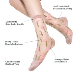 Fassory 7 Pairs Semi Sheer High Ankle Womens Pop Socks, Flowers Design Casual Breathable Mesh Socks for Ladies Girls (Floral * 7)