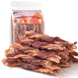 ASMPET Dog Treats Chews, Triple Flavor Chicken Duck and Cod Twisted Jerky Sticks for Small Medium Large Dogs 10.6 oz