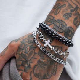 4pcs Bracelets for Men Women Silver/Gold/Black Cross Cuban Zircon Link Rope Chain Bracelets Set Stainless Steel Adjustable Metal Bracelet Mens Fashion Accessories Jewelry Set