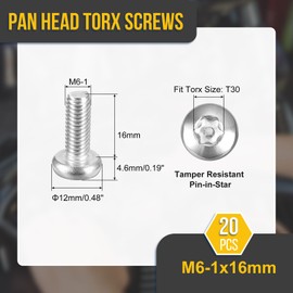 DTGN M6x16mm Pan Head Torx Security Screw - 20Pack - Good for Machinery - 304 Stainless Steel Tamper Proof Torx Security Fasteners - Silver Tone