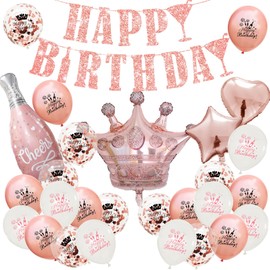 Rose Gold Birthday Party Decor Set with Happy Birthday Banner, Champagne Theme Decoration and Balloons - Multi-Item Pack for Milestone Celebrations (Birthday Crown for All)