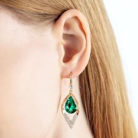 Austrian Crystal Teardrop Hollow Diamond Drop Dangle Earrings for Women 14K Rose Gold Plated Hypoallergenic Jewelry (Emerald)