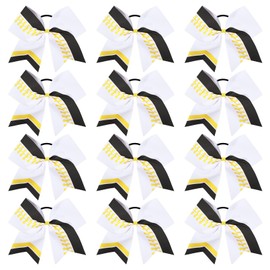DEEKA 12 PCS Softball Cheer Bows 8" Softball Thread Large Cheer Hair Bows Ponytail Holder Handmade for Teen Girls Sports Cheerleader -White/Yellow/Black