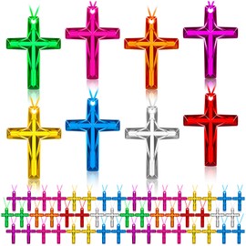 JMZYJZH 100 Pcs Plastic Cross Necklace, Colourful Crystal Cross Necklace Bulk, Christian Cross Necklace Gift Bulk Party Favors for School Church Sunday Bible Prize