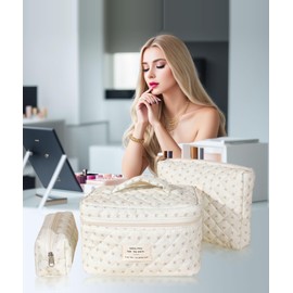 3-Piece Cosmetic Bag Set, Travel Flower Pattern Make-Up Bag, High Capacity Make Up Bag, Aesthetic Portable Cosmetic Bag with Zip for Women and Girls, beige, Flowers