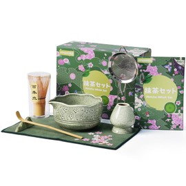 VPISHYKE Premium Matcha Set - Matcha Tea Set 7-Piece Traditional Tea Set with Bamboo Whisk, Bowl, Strainer & Accessories - Perfect for Matcha Lovers (Matcha Colour)