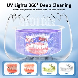 Ultrasonic Retainer Cleaner Machine for Denture, Dental Cleaning Pod with Digital Timer, 45kHz/180ML Waterproof Ultrasonic Denture Cleaners for Aligner, Mouth Guard, Braces, Ring Jewelry Cleaner
