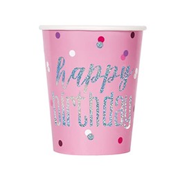 Unique 82248 Paper Cups-266 ml-Glitz Foil Pink & Silver Pack of 8, Happy Birthday