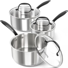MICHELANGELO Tri-Ply Stainless Steel Saucepan with Lid 6 Pcs, Stainless Steel Sauce Pans with Cool Handle, 6 Pcs Multipurpose Sauce Pots Set for Kitchen Cooking, Induction Compatible, 1QT & 2QT &3QT